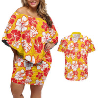 Yellow Hawaii Hibiscus Couples Matching Off Shoulder Short Dress and Hawaiian Shirt Tropical Flowers Seamless Pattern - Polynesian Pride