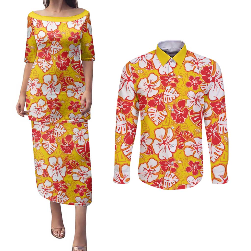 Yellow Hawaii Hibiscus Couples Matching Puletasi and Long Sleeve Button Shirt Tropical Flowers Seamless Pattern - Polynesian Pride