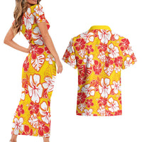 Yellow Hawaii Hibiscus Couples Matching Short Sleeve Bodycon Dress and Hawaiian Shirt Tropical Flowers Seamless Pattern - Polynesian Pride