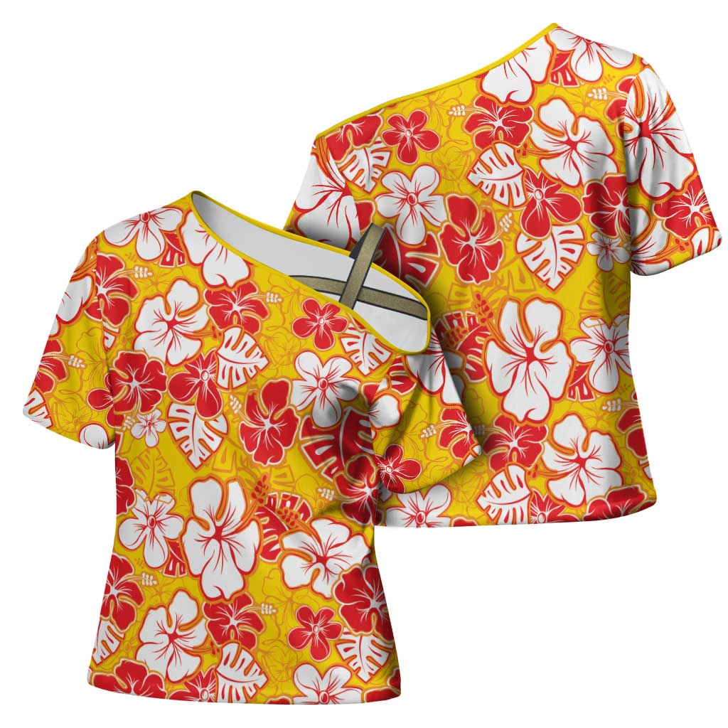 Yellow Hawaii Hibiscus Cross Shoulder Shirt Tropical Flowers Seamless Pattern - Polynesian Pride