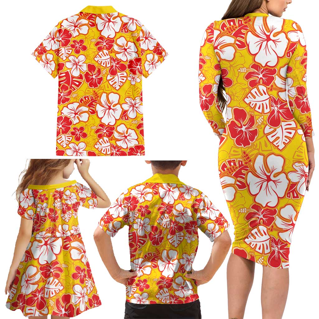 Yellow Hawaii Hibiscus Family Matching Long Sleeve Bodycon Dress and Hawaiian Shirt Tropical Flowers Seamless Pattern - Polynesian Pride
