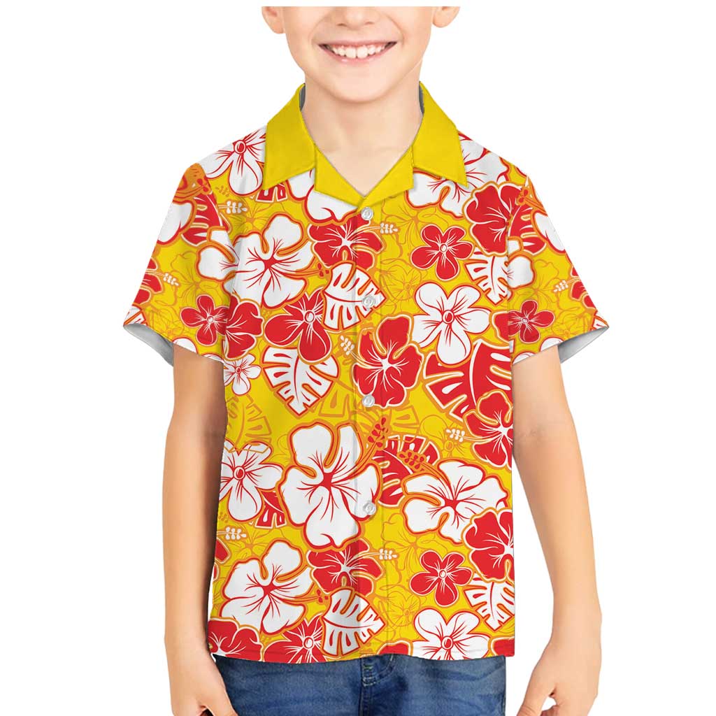 Yellow Hawaii Hibiscus Family Matching Mermaid Dress and Hawaiian Shirt Tropical Flowers Seamless Pattern - Polynesian Pride