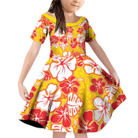 Yellow Hawaii Hibiscus Family Matching Off Shoulder Short Dress and Hawaiian Shirt Tropical Flowers Seamless Pattern - Polynesian Pride