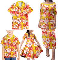 Yellow Hawaii Hibiscus Family Matching Puletasi and Hawaiian Shirt Tropical Flowers Seamless Pattern - Polynesian Pride