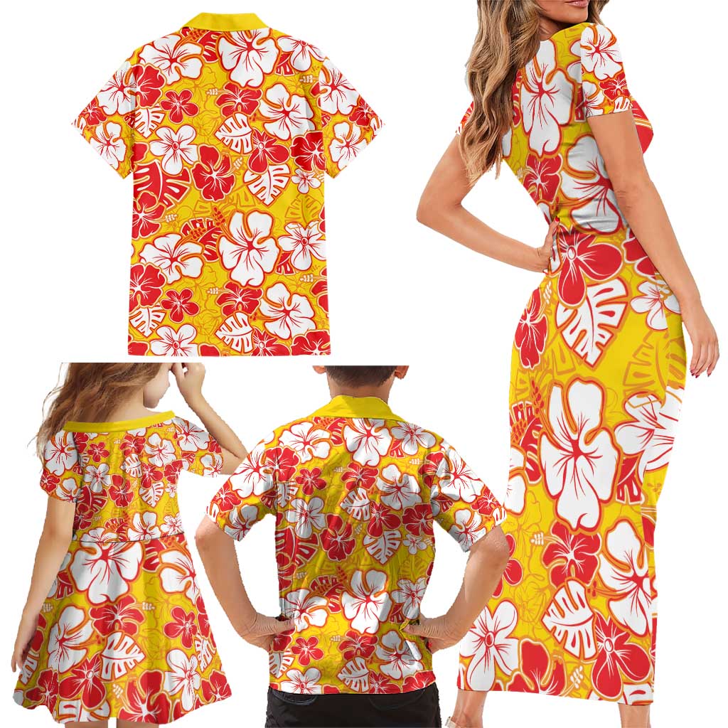 Yellow Hawaii Hibiscus Family Matching Short Sleeve Bodycon Dress and Hawaiian Shirt Tropical Flowers Seamless Pattern - Polynesian Pride