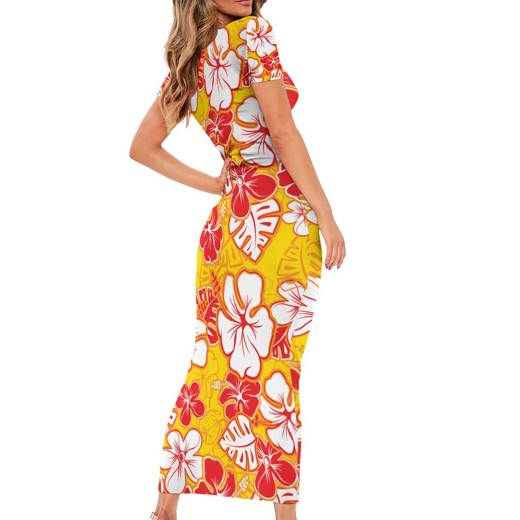 Yellow Hawaii Hibiscus Family Matching Short Sleeve Bodycon Dress and Hawaiian Shirt Tropical Flowers Seamless Pattern - Polynesian Pride