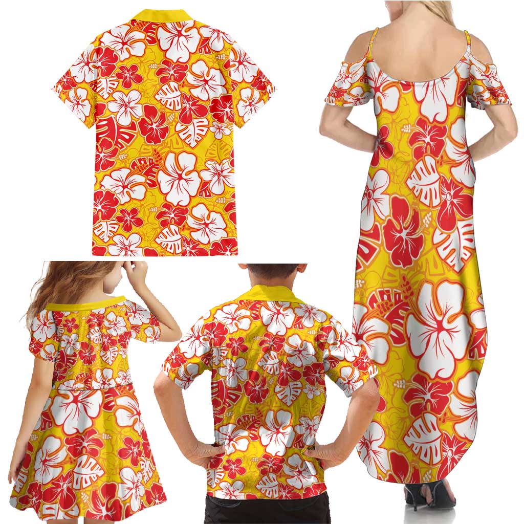 Yellow Hawaii Hibiscus Family Matching Summer Maxi Dress and Hawaiian Shirt Tropical Flowers Seamless Pattern - Polynesian Pride