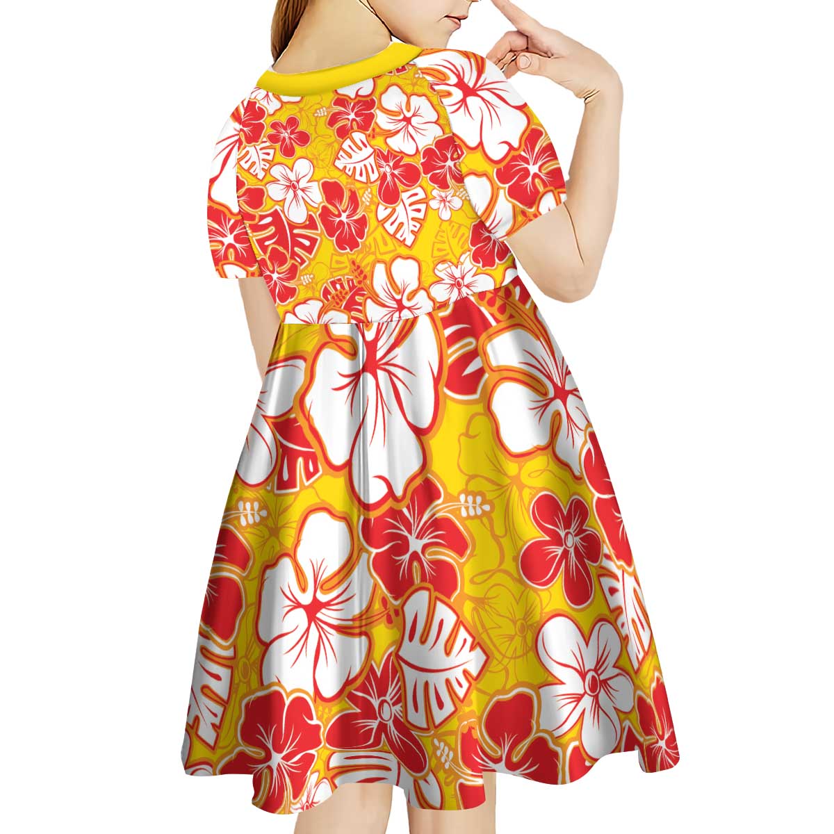 Yellow Hawaii Hibiscus Kid Short Sleeve Dress Tropical Flowers Seamless Pattern - Polynesian Pride