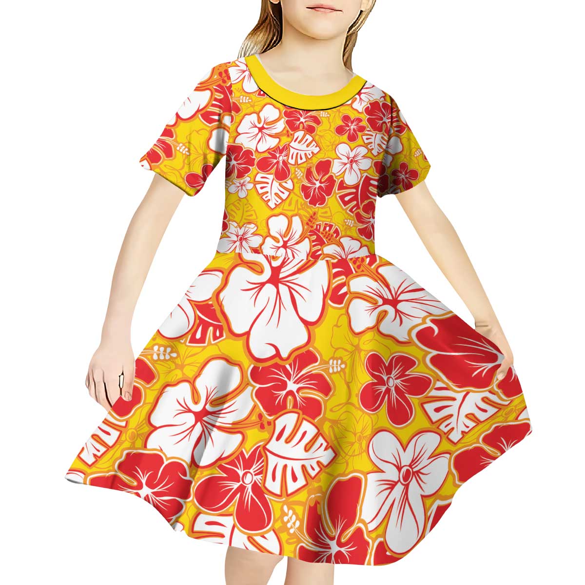 Yellow Hawaii Hibiscus Kid Short Sleeve Dress Tropical Flowers Seamless Pattern - Polynesian Pride