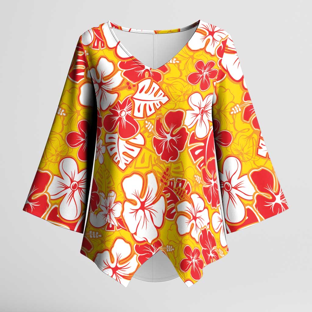 Yellow Hawaii Hibiscus Kimono Sleeve Blouse Tropical Flowers Seamless Pattern - Polynesian Pride