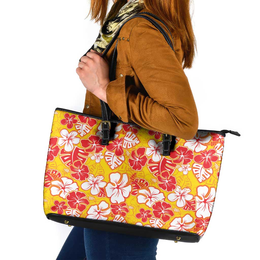 Yellow Hawaii Hibiscus Leather Tote Bag Tropical Flowers Seamless Pattern - Polynesian Pride