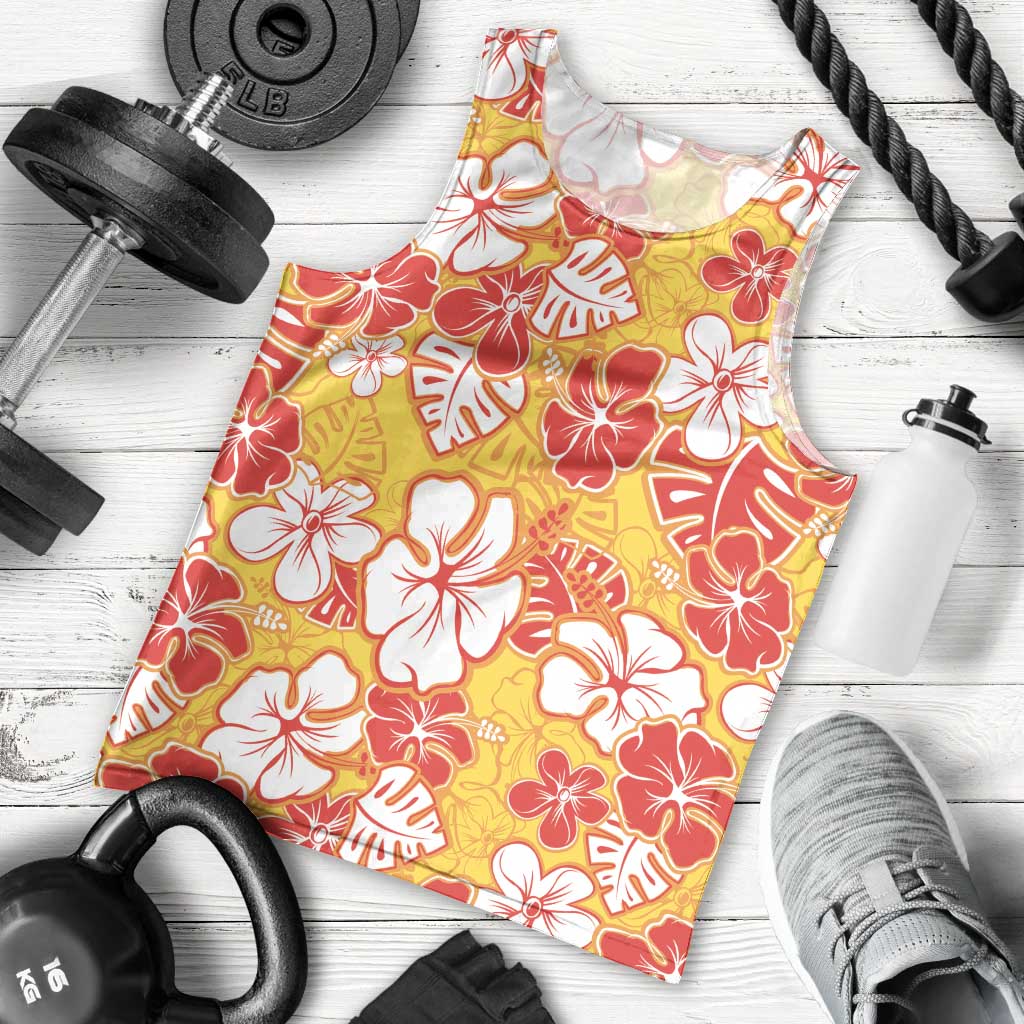 Yellow Hawaii Hibiscus Men Tank Top Tropical Flowers Seamless Pattern - Polynesian Pride