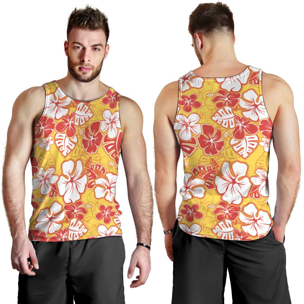 Yellow Hawaii Hibiscus Men Tank Top Tropical Flowers Seamless Pattern - Polynesian Pride