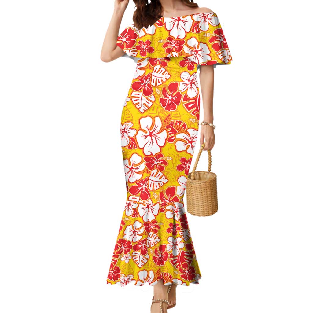 Yellow Hawaii Hibiscus Mermaid Dress Tropical Flowers Seamless Pattern - Polynesian Pride