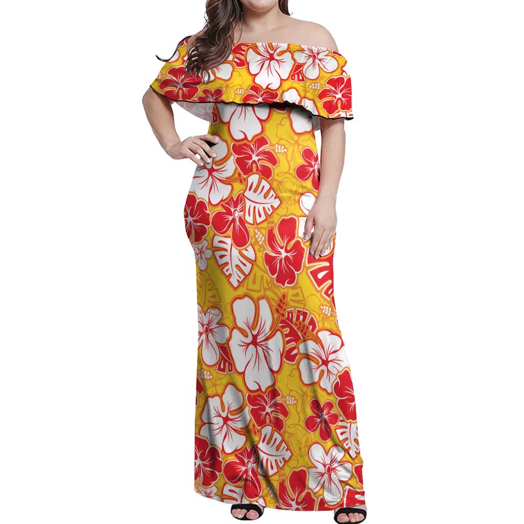 Yellow Hawaii Hibiscus Off Shoulder Maxi Dress Tropical Flowers Seamless Pattern - Polynesian Pride