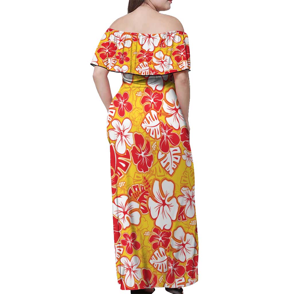 Yellow Hawaii Hibiscus Off Shoulder Maxi Dress Tropical Flowers Seamless Pattern - Polynesian Pride