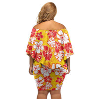 Yellow Hawaii Hibiscus Off Shoulder Short Dress Tropical Flowers Seamless Pattern - Polynesian Pride
