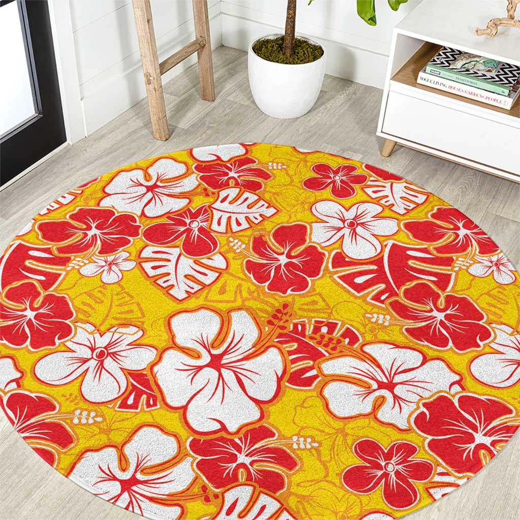 Yellow Hawaii Hibiscus Round Carpet Tropical Flowers Seamless Pattern - Polynesian Pride