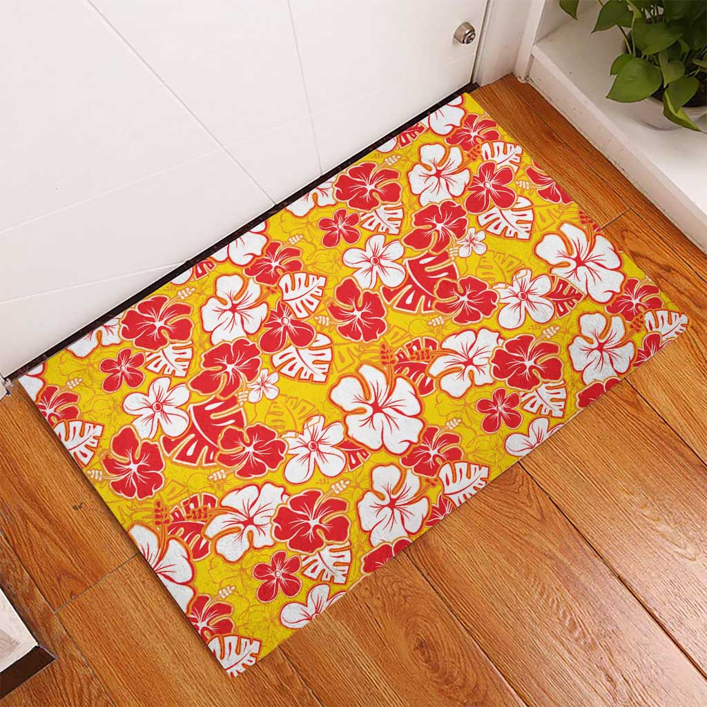 Yellow Hawaii Hibiscus Rubber Doormat Tropical Flowers Seamless Pattern - Polynesian Pride