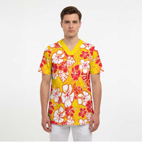 Yellow Hawaii Hibiscus Scrub Top Tropical Flowers Seamless Pattern - Polynesian Pride