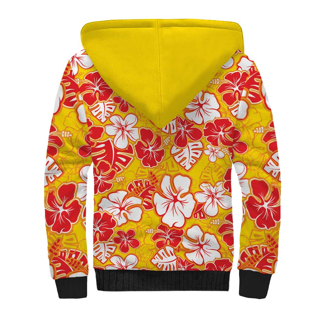Yellow Hawaii Hibiscus Sherpa Hoodie Tropical Flowers Seamless Pattern - Polynesian Pride
