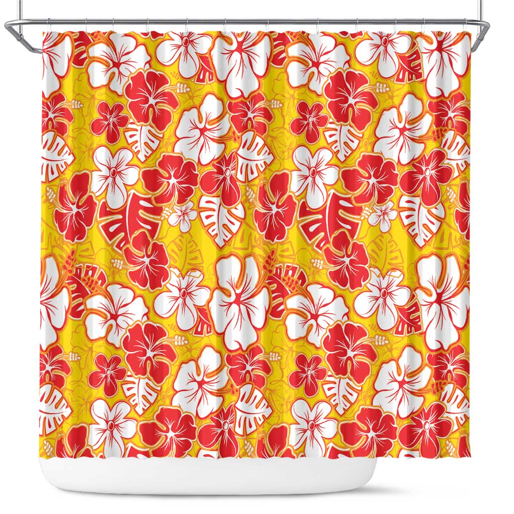 Yellow Hawaii Hibiscus Shower Curtain Tropical Flowers Seamless Pattern - Polynesian Pride