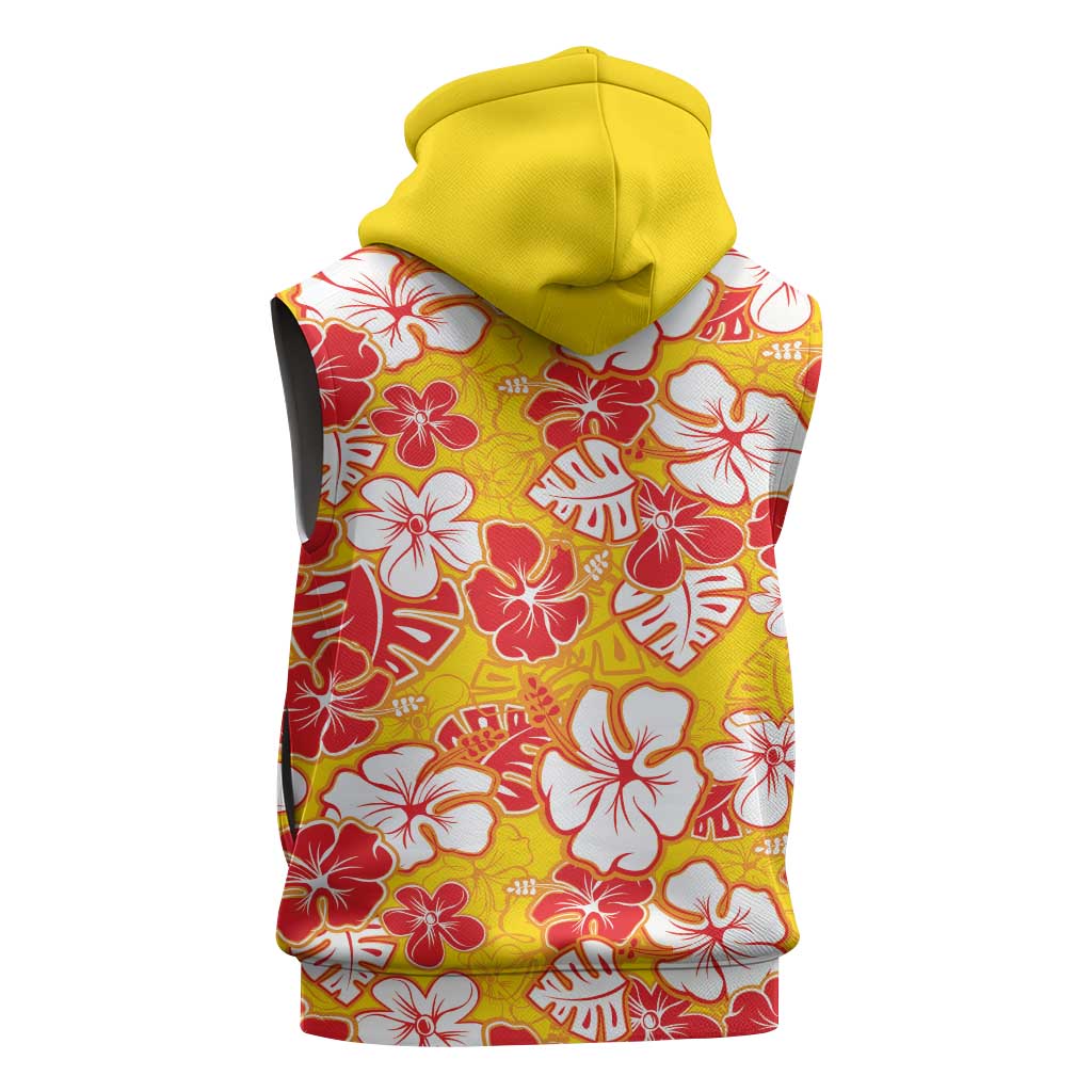 Yellow Hawaii Hibiscus Sleeveless Hoodie Tropical Flowers Seamless Pattern - Polynesian Pride
