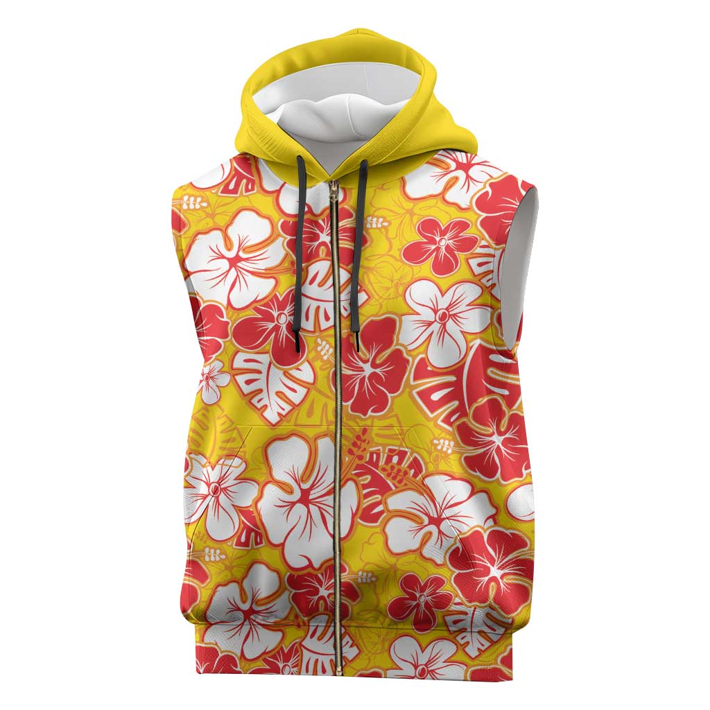 Yellow Hawaii Hibiscus Sleeveless Zip Hoodie Tropical Flowers Seamless Pattern - Polynesian Pride