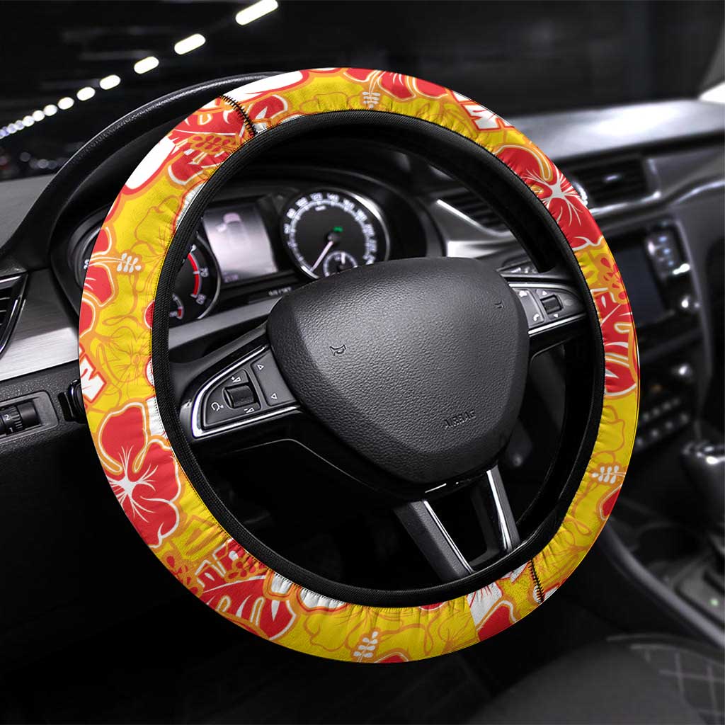 Yellow Hawaii Hibiscus Steering Wheel Cover Tropical Flowers Seamless Pattern - Polynesian Pride