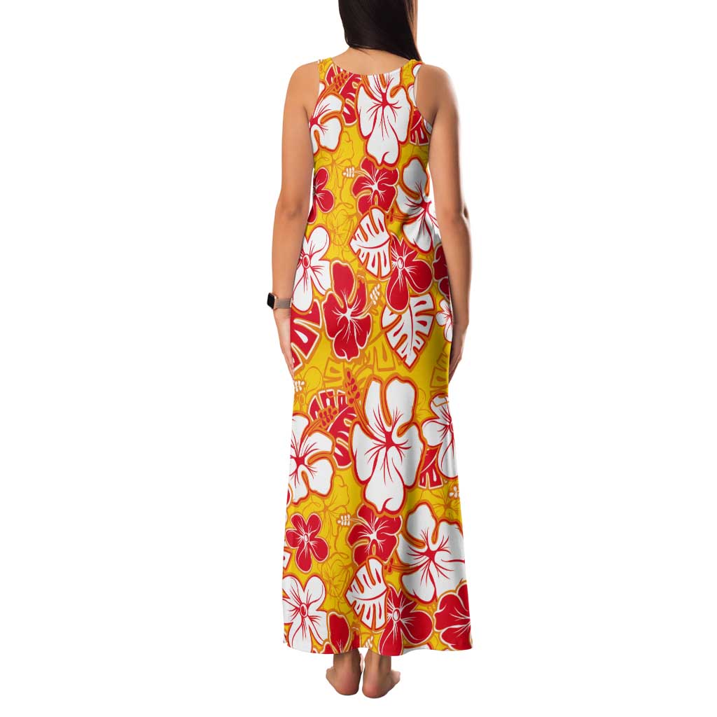 Yellow Hawaii Hibiscus Tank Maxi Dress Tropical Flowers Seamless Pattern - Polynesian Pride