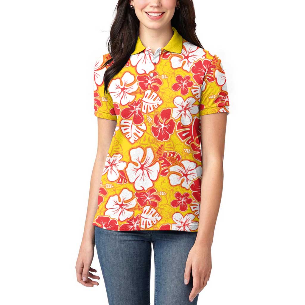 Yellow Hawaii Hibiscus Women Polo Shirt Tropical Flowers Seamless Pattern - Polynesian Pride