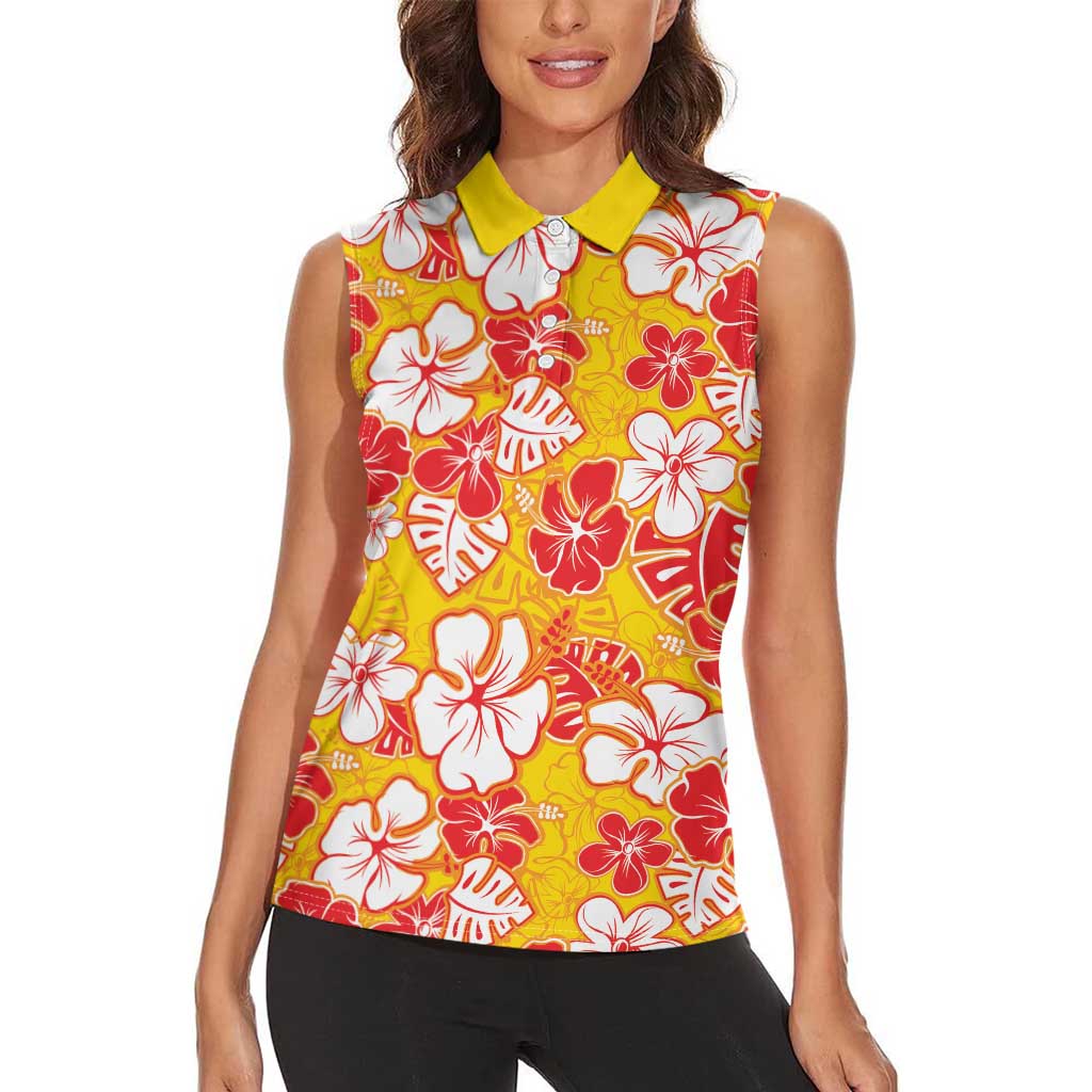 Yellow Hawaii Hibiscus Women Sleeveless Polo Shirt Tropical Flowers Seamless Pattern - Polynesian Pride