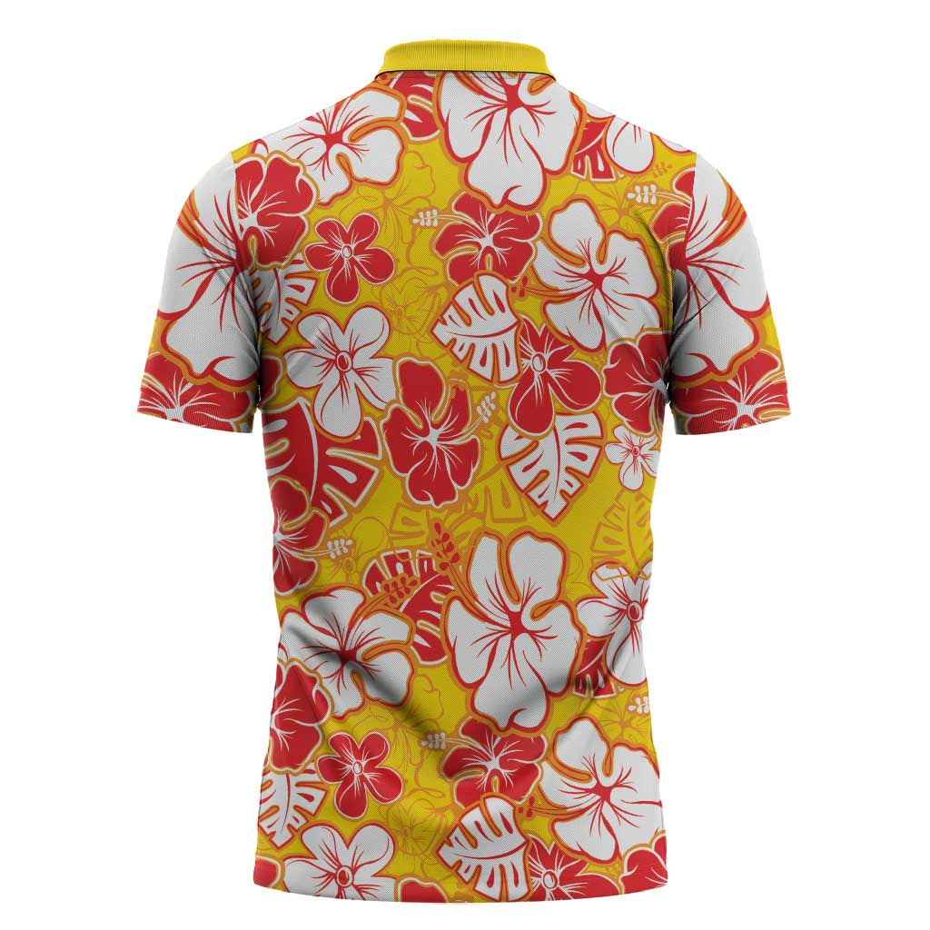 Yellow Hawaii Hibiscus Zipper Polo Shirt Tropical Flowers Seamless Pattern - Polynesian Pride