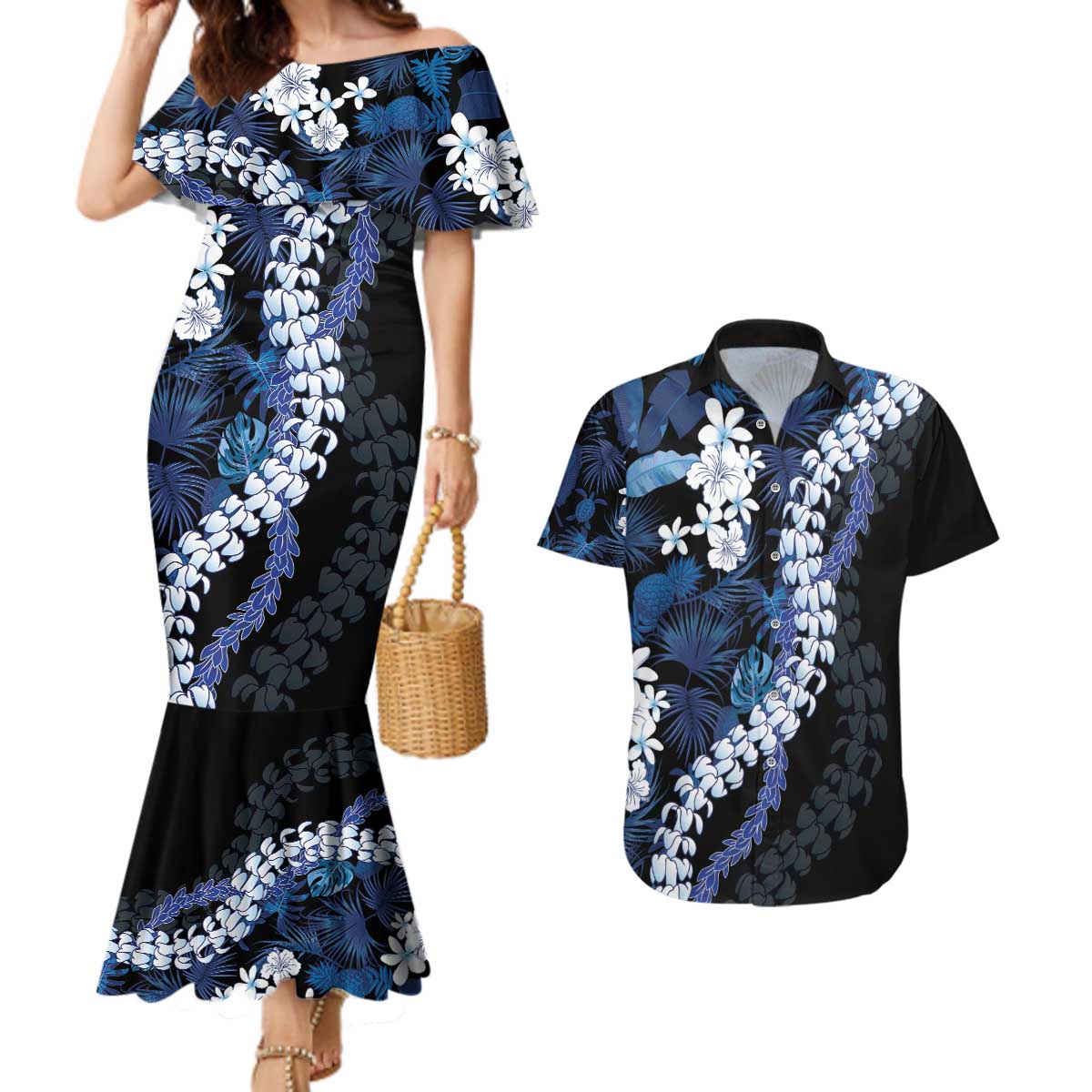 Polu Aloha Hawaii Lei Couples Matching Mermaid Dress and Hawaiian Shirt Tropical Flowers Elegant Vibe - Polynesian Pride