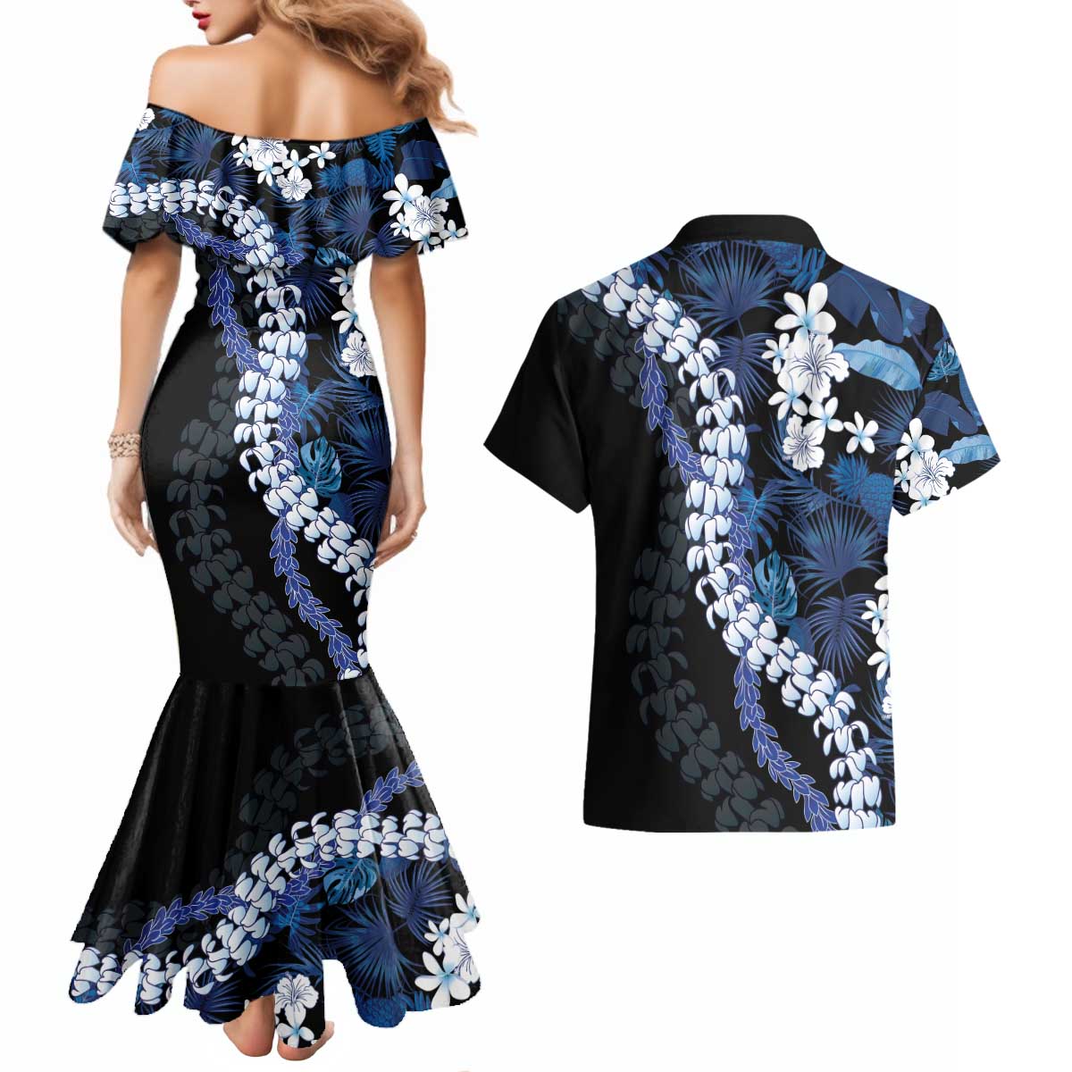 Polu Aloha Hawaii Lei Couples Matching Mermaid Dress and Hawaiian Shirt Tropical Flowers Elegant Vibe - Polynesian Pride