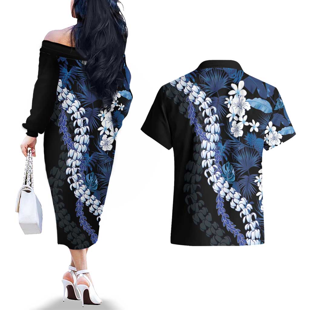 Polu Aloha Hawaii Lei Couples Matching Off The Shoulder Long Sleeve Dress and Hawaiian Shirt Tropical Flowers Elegant Vibe - Polynesian Pride