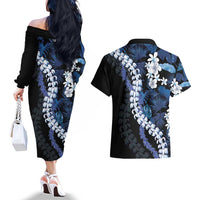 Polu Aloha Hawaii Lei Couples Matching Off The Shoulder Long Sleeve Dress and Hawaiian Shirt Tropical Flowers Elegant Vibe - Polynesian Pride