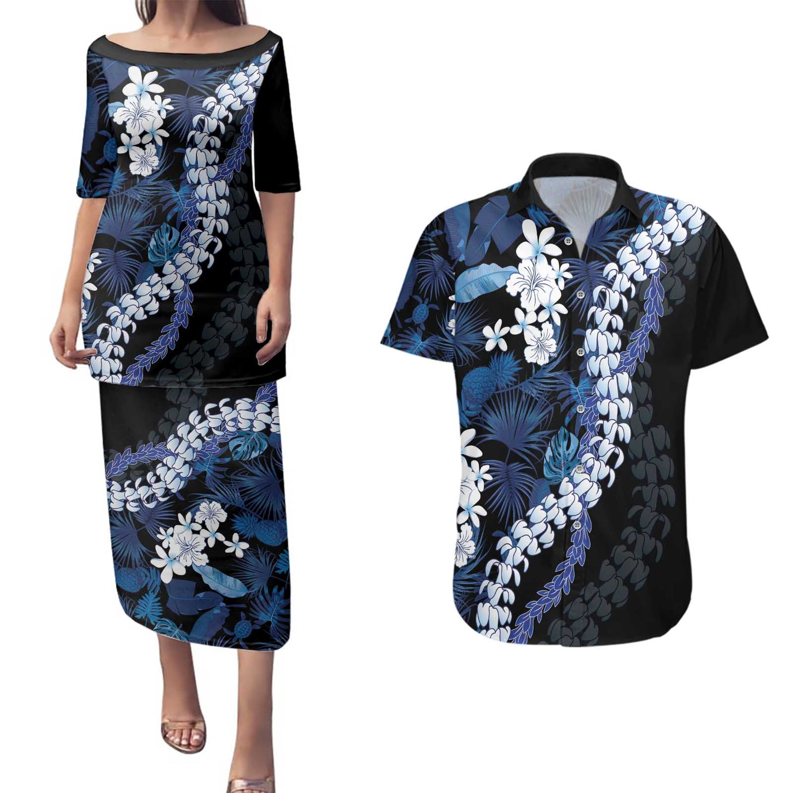 Polu Aloha Hawaii Lei Couples Matching Puletasi and Hawaiian Shirt Tropical Flowers Elegant Vibe LT14 Blue - Polynesian Pride