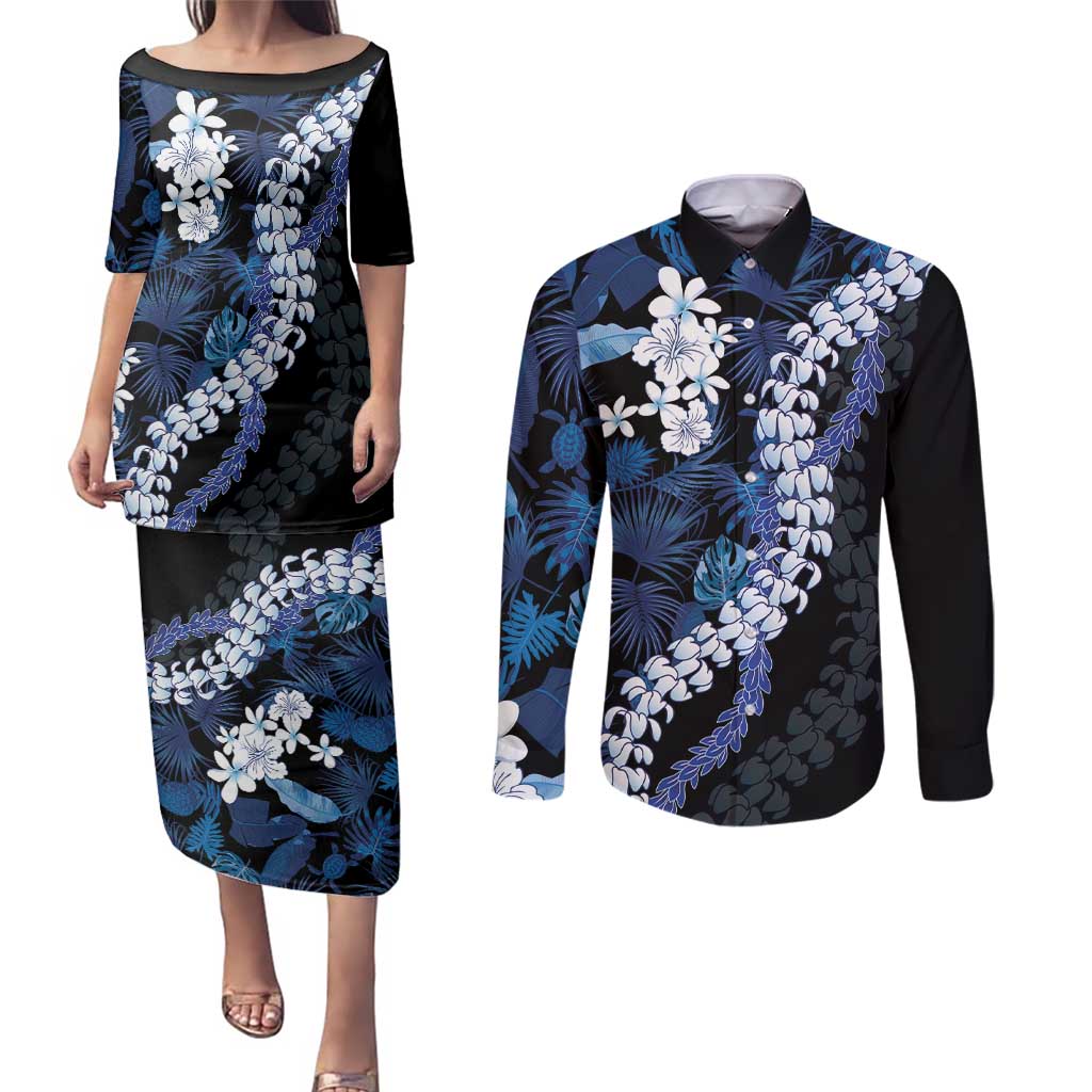 Polu Aloha Hawaii Lei Couples Matching Puletasi and Long Sleeve Button Shirt Tropical Flowers Elegant Vibe - Polynesian Pride