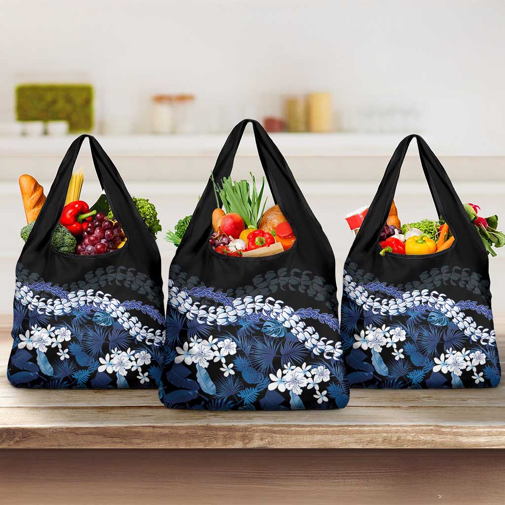 Polu Aloha Hawaii Lei Grocery Bag Tropical Flowers Elegant Vibe LT14 3-pack One Size Blue - Polynesian Pride
