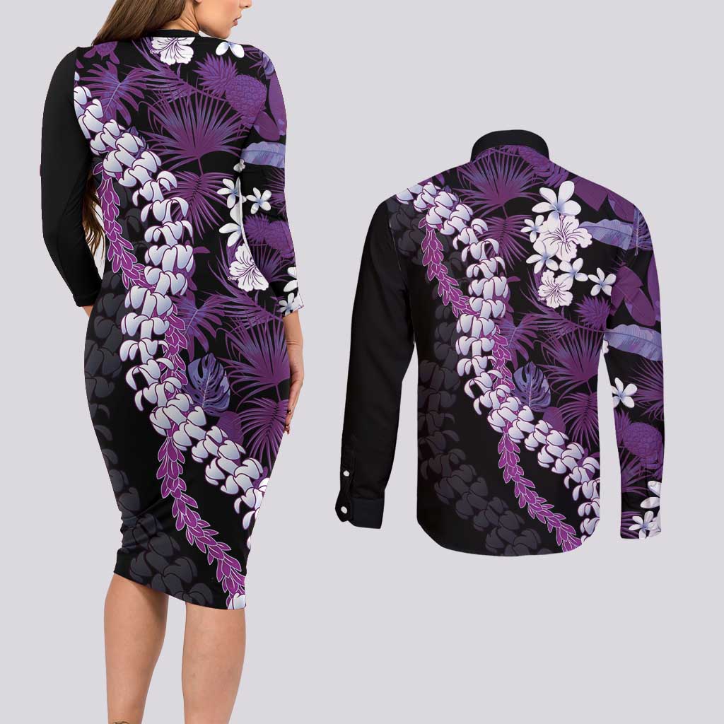 Poni Aloha Hawaii Lei Couples Matching Long Sleeve Bodycon Dress and Long Sleeve Button Shirt Tropical Flowers Elegant Vibe - Polynesian Pride
