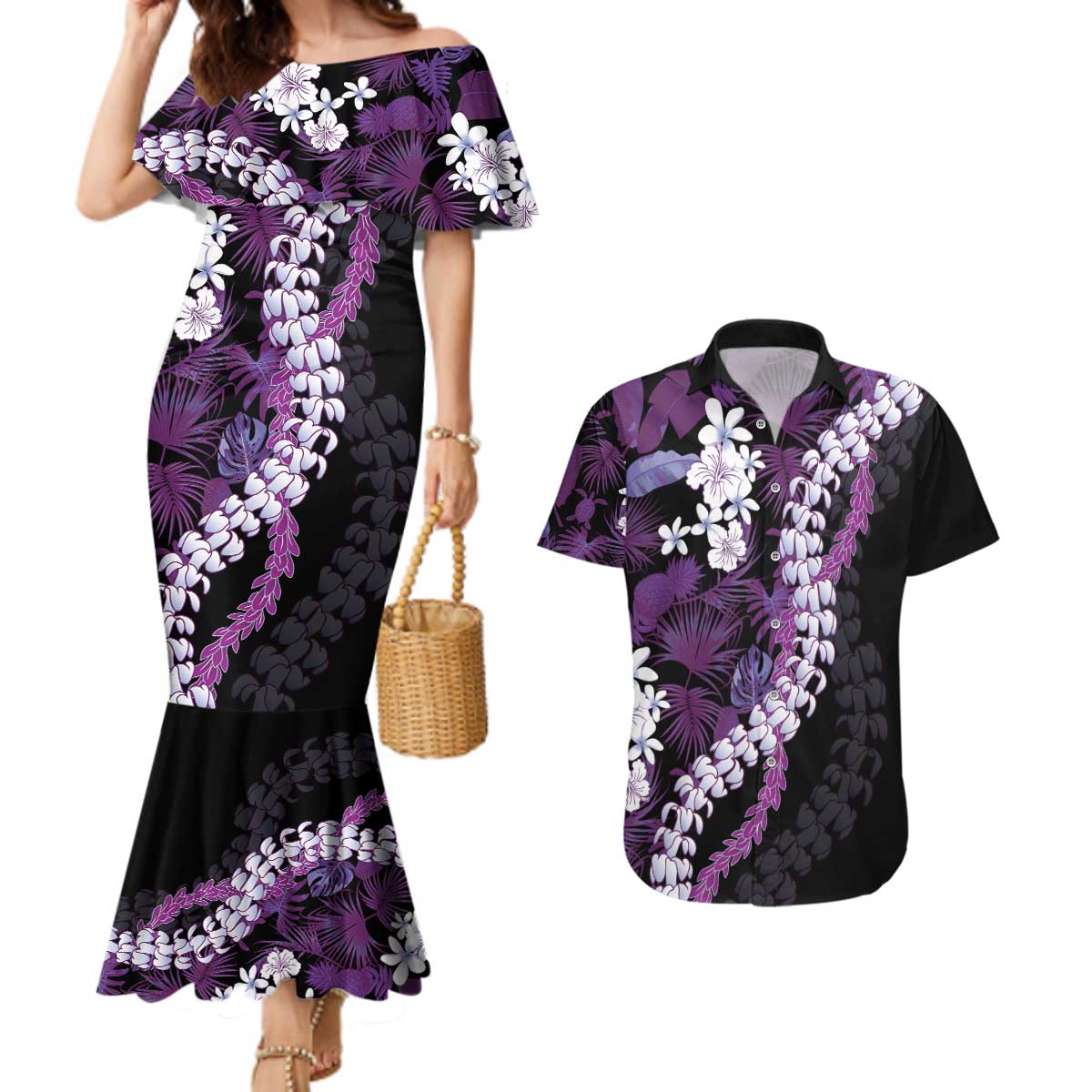 Poni Aloha Hawaii Lei Couples Matching Mermaid Dress and Hawaiian Shirt Tropical Flowers Elegant Vibe - Polynesian Pride