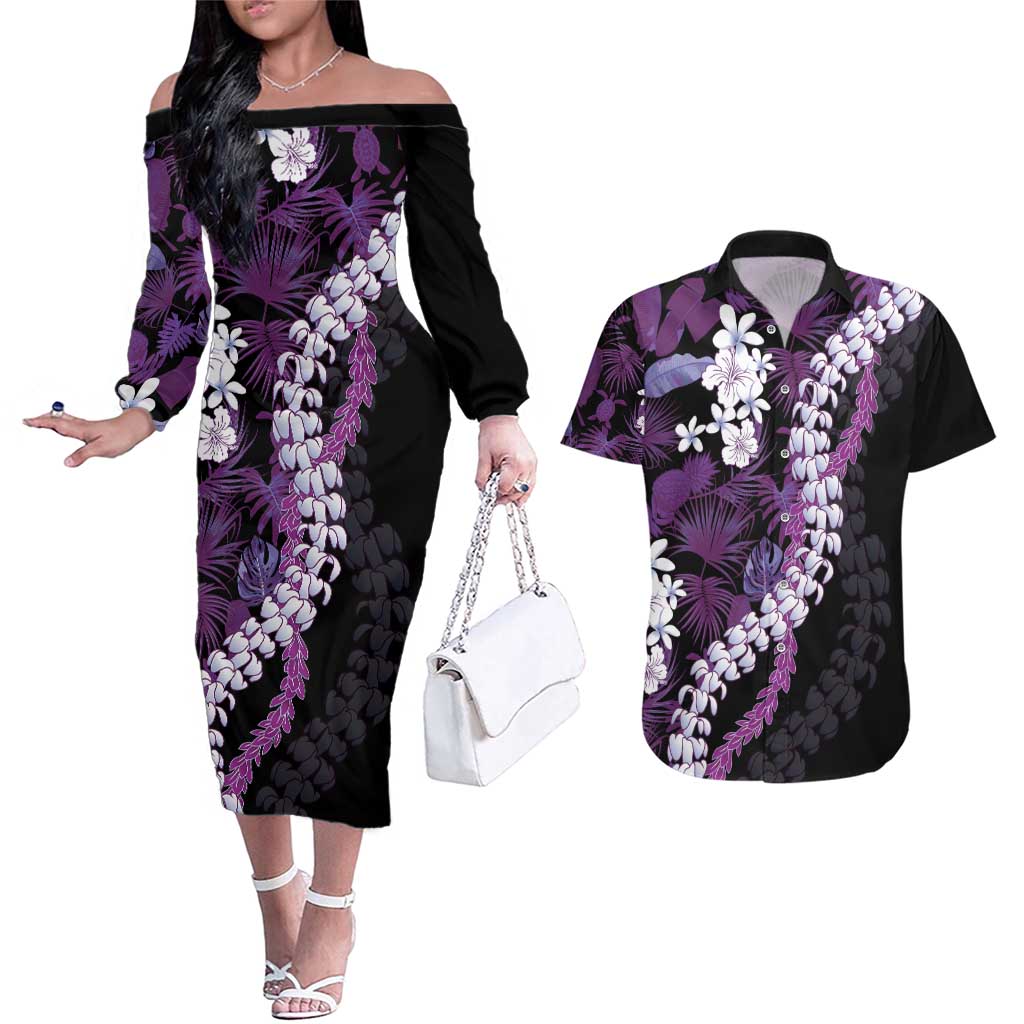 Poni Aloha Hawaii Lei Couples Matching Off The Shoulder Long Sleeve Dress and Hawaiian Shirt Tropical Flowers Elegant Vibe LT14 Purple - Polynesian Pride