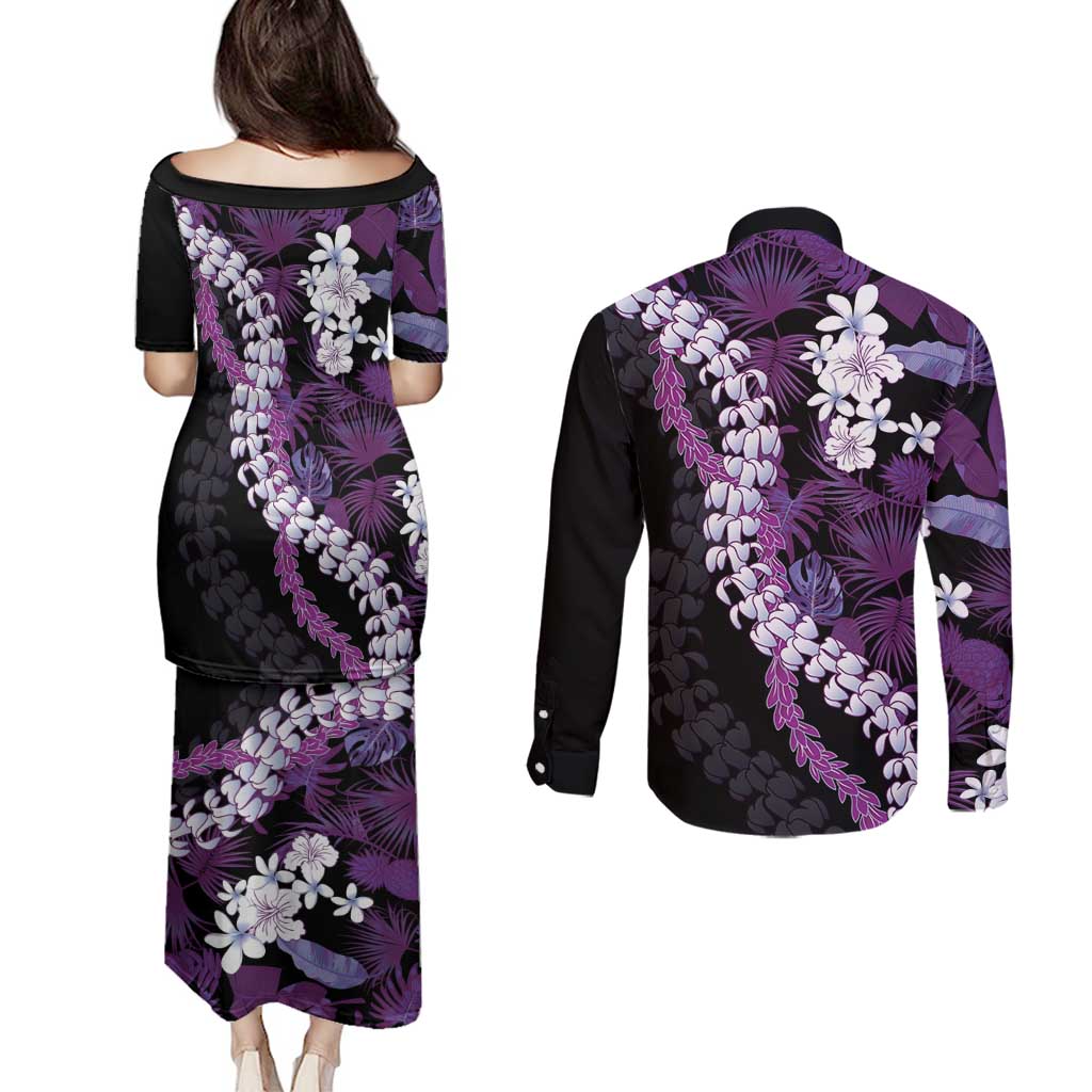 Poni Aloha Hawaii Lei Couples Matching Puletasi and Long Sleeve Button Shirt Tropical Flowers Elegant Vibe LT14 - Polynesian Pride