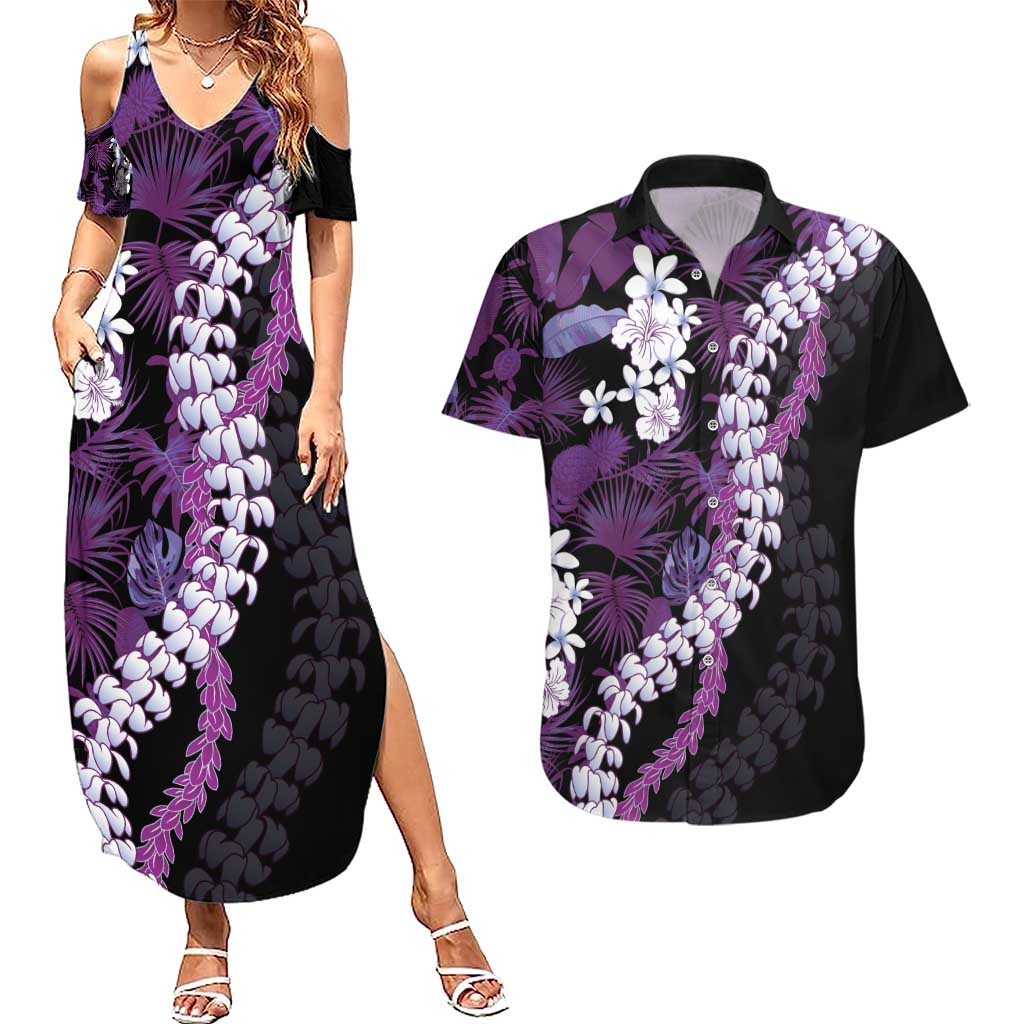 Poni Aloha Hawaii Lei Couples Matching Summer Maxi Dress and Hawaiian Shirt Tropical Flowers Elegant Vibe LT14 Purple - Polynesian Pride