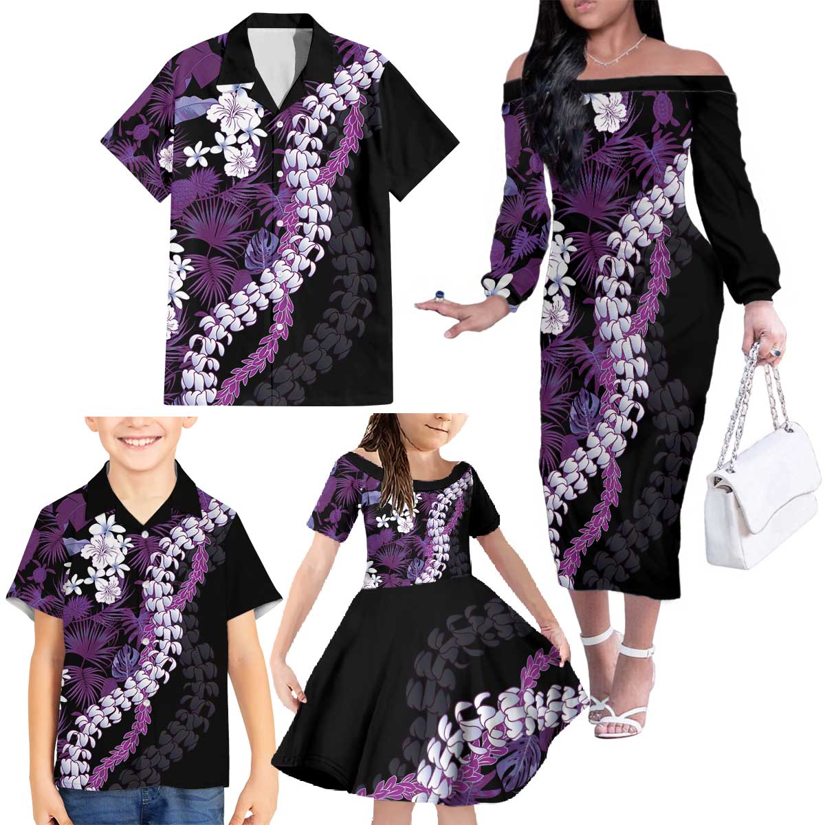 Poni Aloha Hawaii Lei Family Matching Off The Shoulder Long Sleeve Dress and Hawaiian Shirt Tropical Flowers Elegant Vibe LT14 - Polynesian Pride