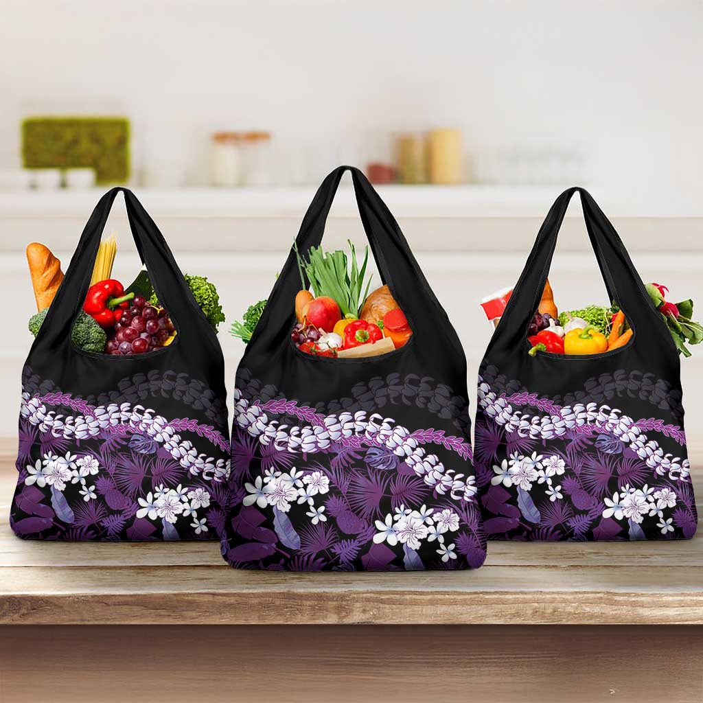 Poni Aloha Hawaii Lei Grocery Bag Tropical Flowers Elegant Vibe LT14 3-pack One Size Purple - Polynesian Pride