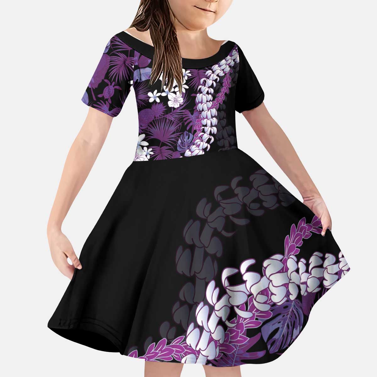 Poni Aloha Hawaii Lei Kid Short Sleeve Dress Tropical Flowers Elegant Vibe - Polynesian Pride