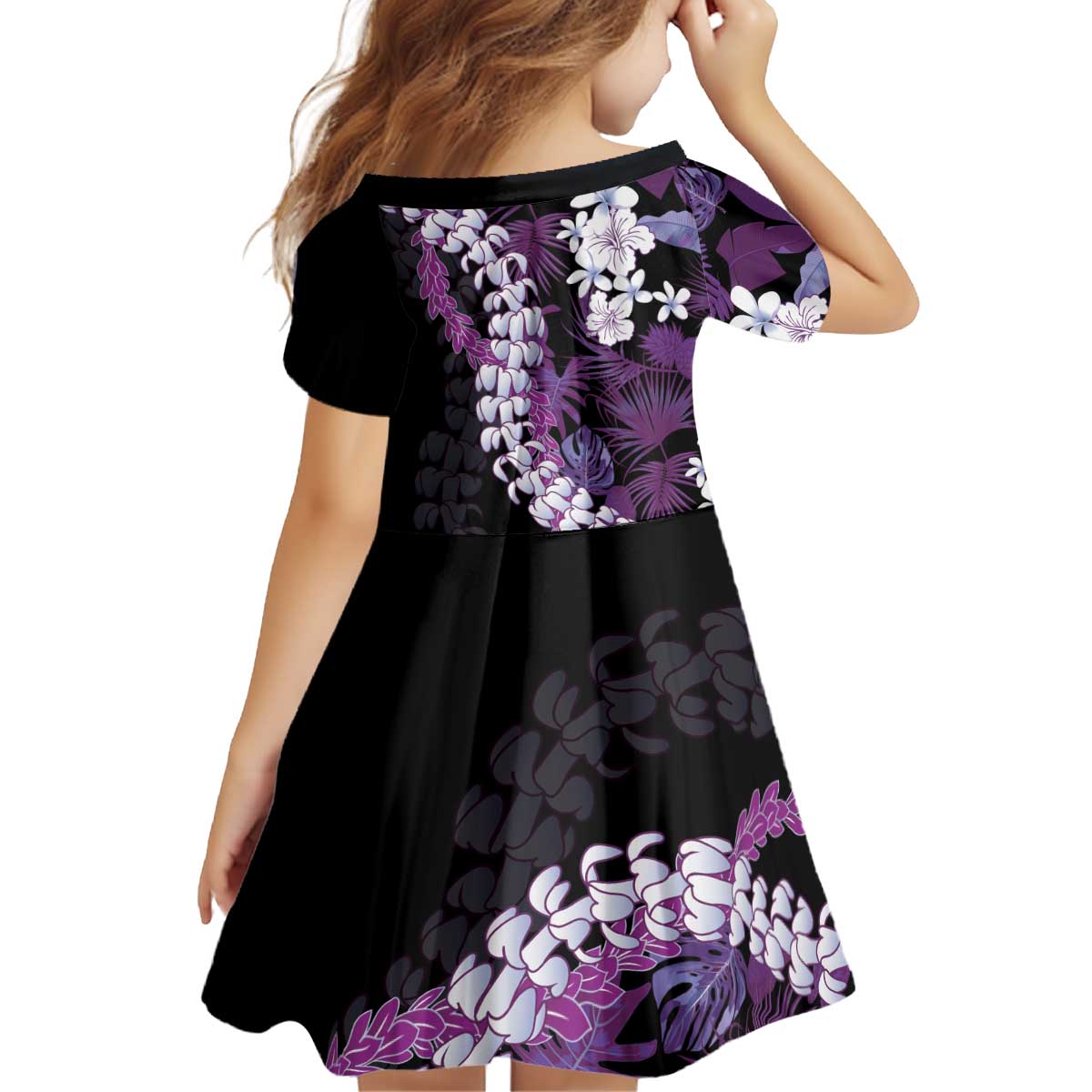 Poni Aloha Hawaii Lei Kid Short Sleeve Dress Tropical Flowers Elegant Vibe - Polynesian Pride