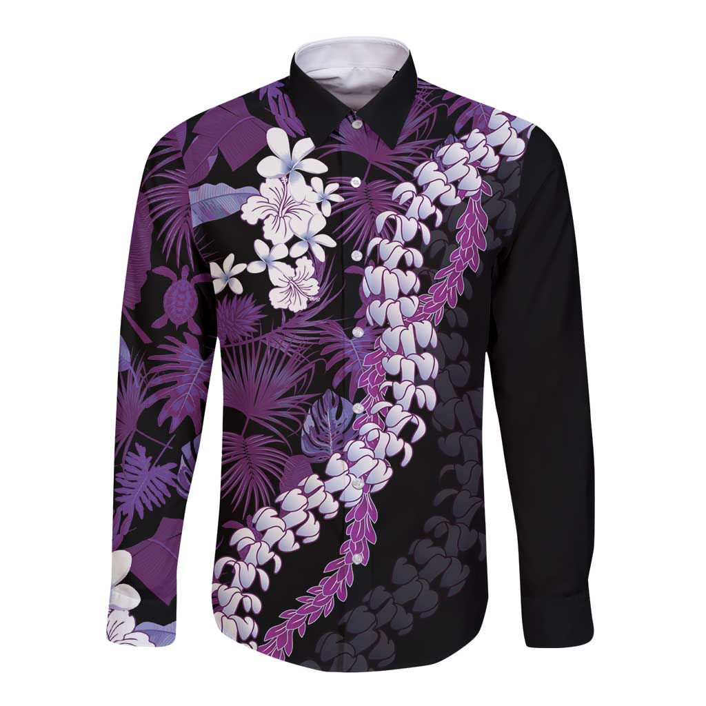 Poni Aloha Hawaii Lei Long Sleeve Button Shirt Tropical Flowers Elegant Vibe LT14 Unisex Purple - Polynesian Pride